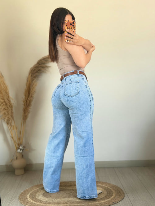 Jeans Wide Leg Dakota | Doble Línea con Cinturón.