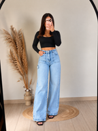 Jeans Palazzo Celeste con Detalle Lateral – Milano �
