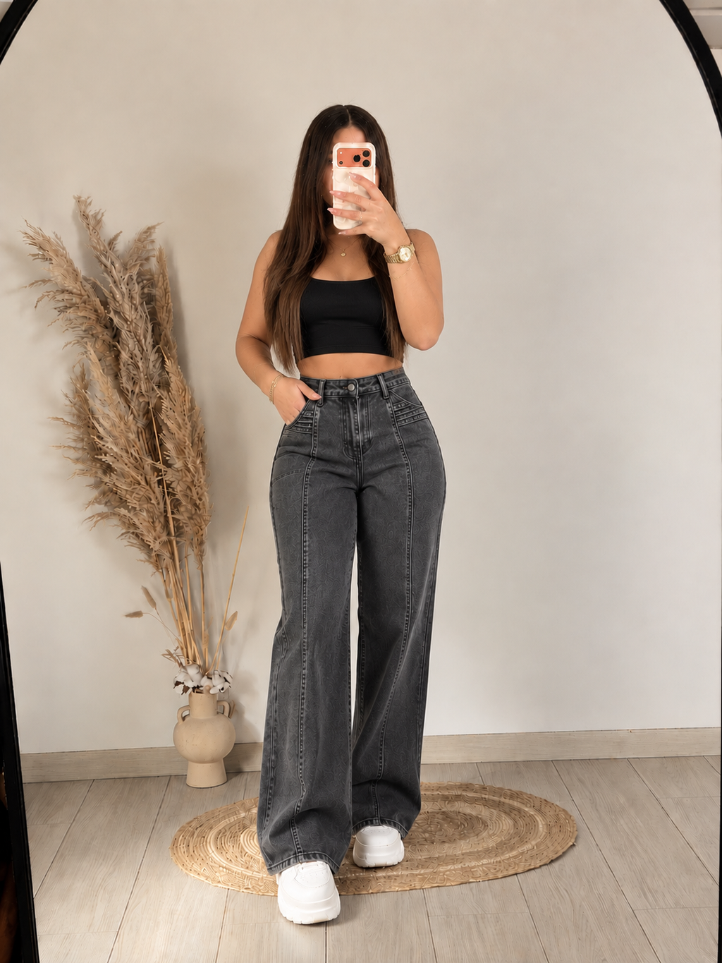 Jeans Wide Leg Grafito Texturizado | Tiro Alto