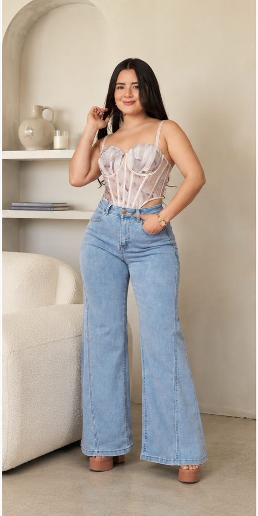 Jeans wide leg cielo elasticado push up