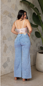 Jeans wide leg cielo elasticado push up