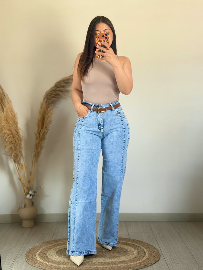 Jeans Wide Leg Dakota | Doble Línea con Cinturón.