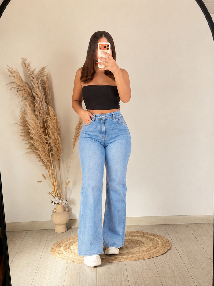 Jeans Wide Leg Tiro Alto con Cintura Elástica