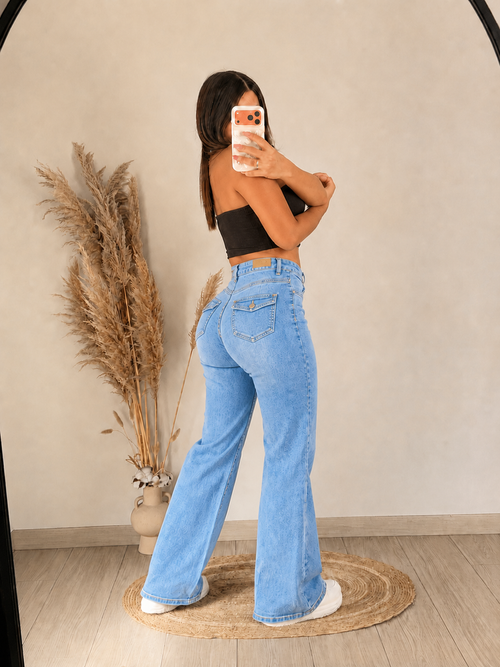 Jeans Wide Leg Tiro Alto con Cintura Elástica